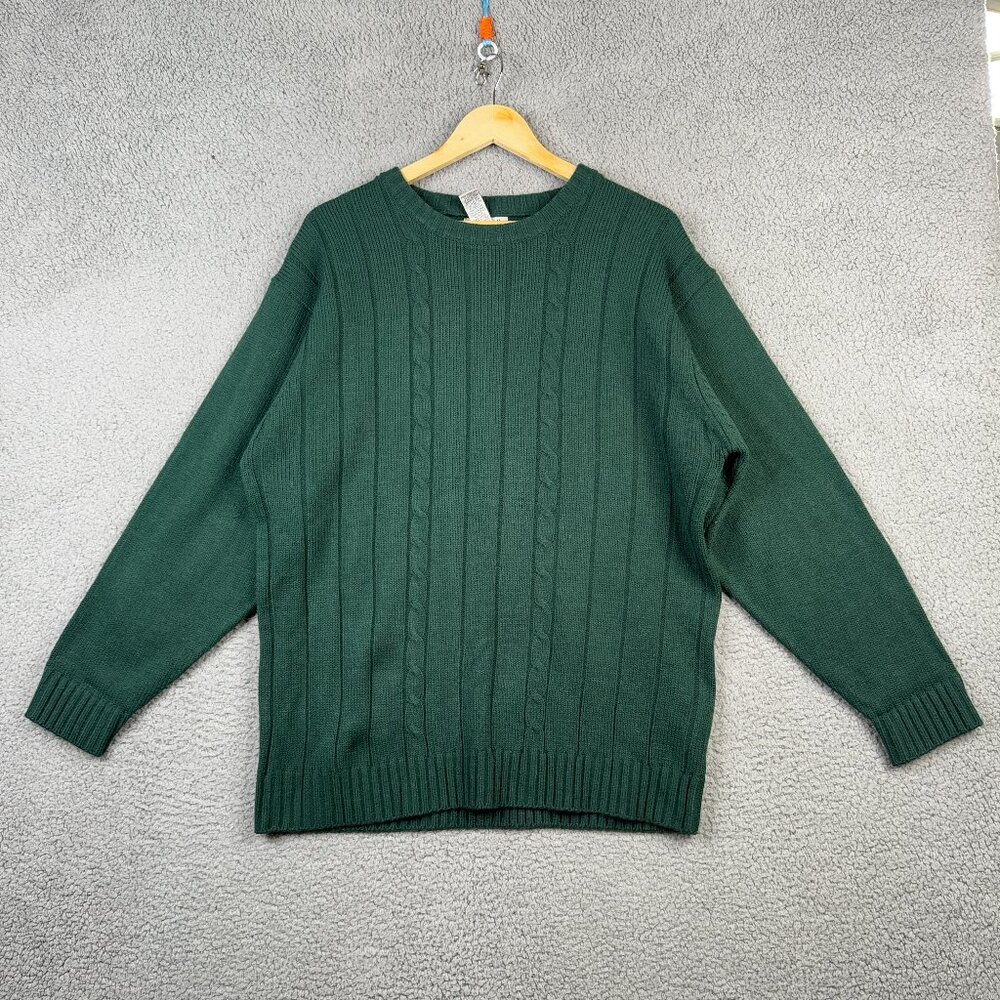 Ron Chereskin Sweater Mens Medium Green Ribbed Cable knit Crew Neck Pullover VTG
